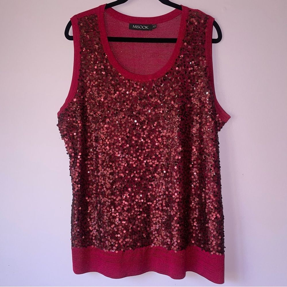 Misook 3X Red Sequin Knit Tank Top Metallic Sleeveless Blouse
